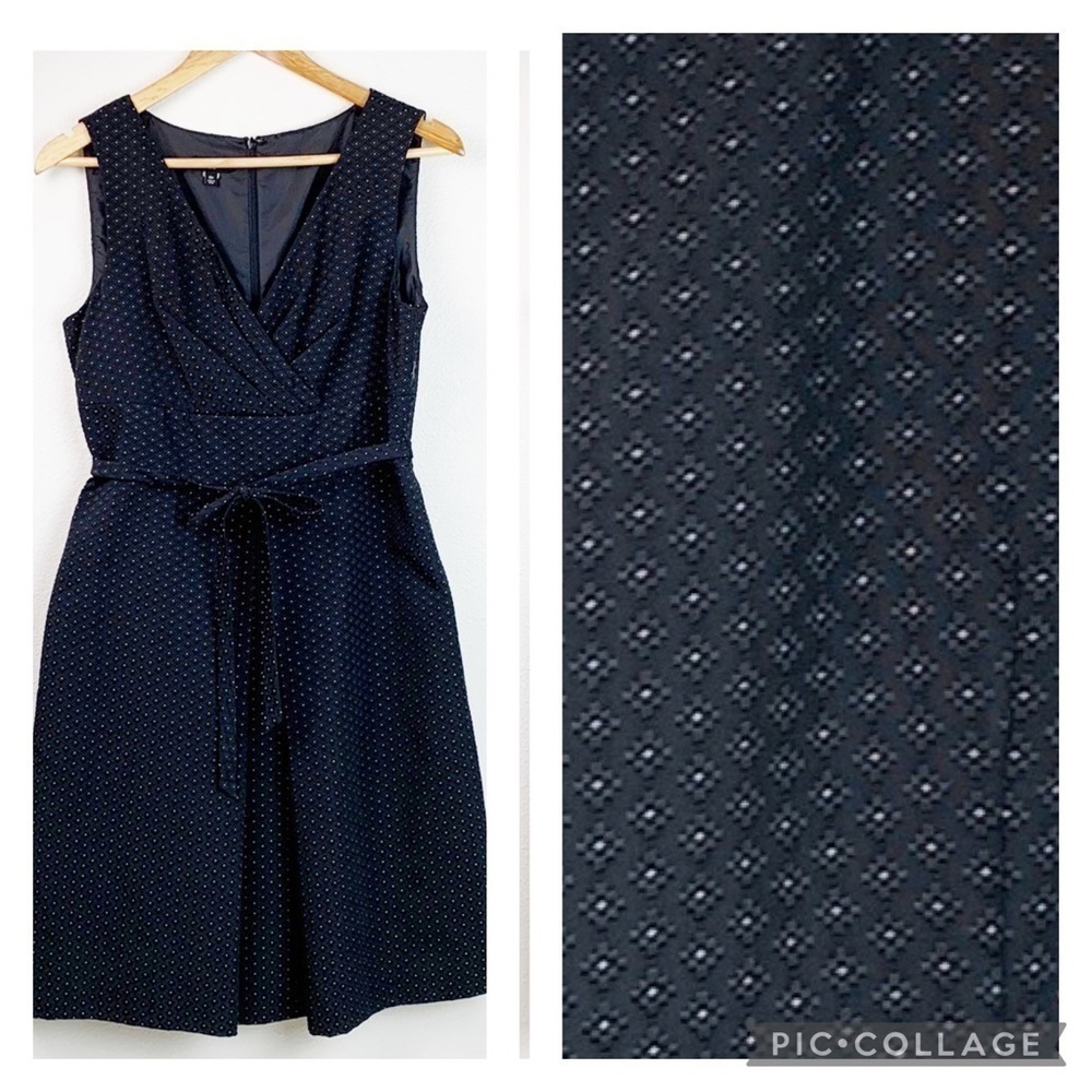 Talbots brocade black micro dot fit flare sleeveless dress high waist belted EUC